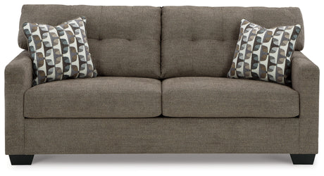 Side angle view of Mahoney Chocolate Sofa and Loveseat