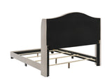 Sonoma Camelback Upholstered King Bed beige showing bed frame and footboard