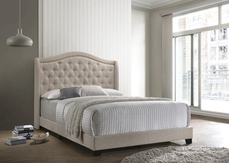Sonoma Beige Upholstered Camelback Queen Bed - Front angle showing headboard