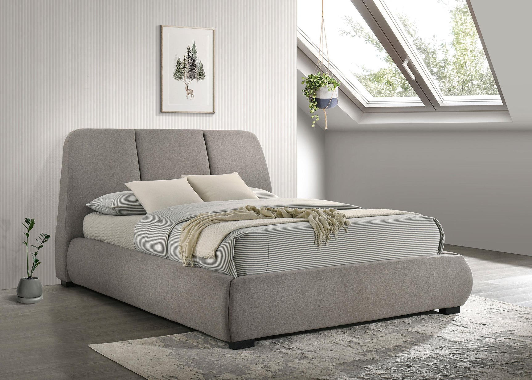 Side view of Mokena upholstered queen platform bed