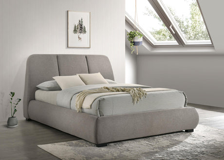 Side view of Mokena upholstered queen platform bed