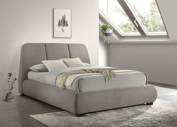 Side view of Mokena upholstered queen platform bed