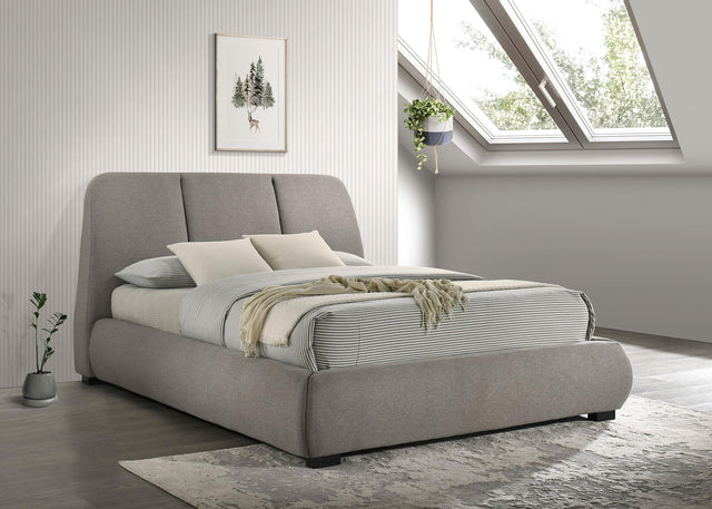 Side view of Mokena upholstered queen platform bed