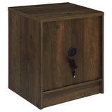 Drawer handle detail on dark pine nightstand