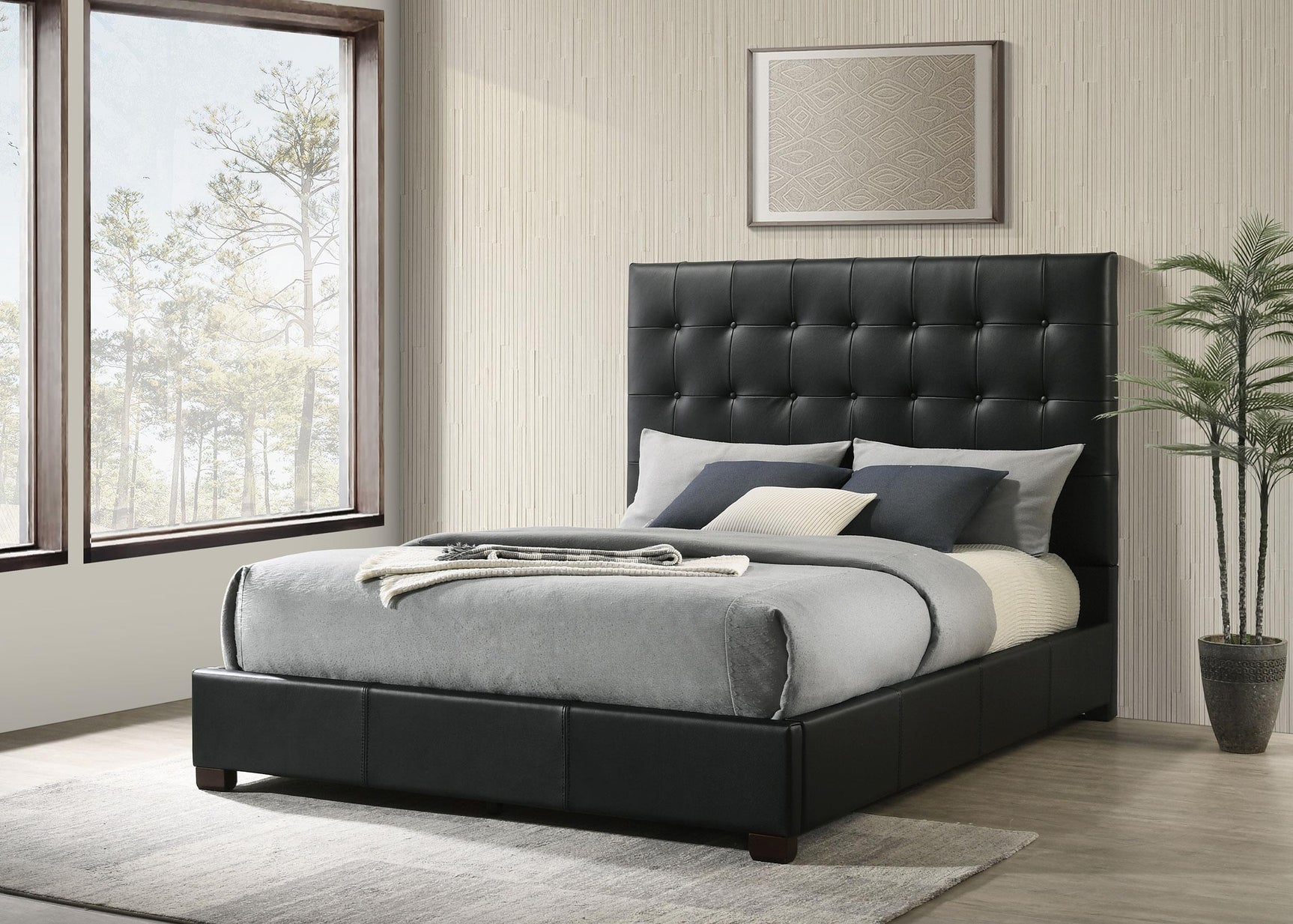Medley black genuine leather queen platform bed side angle