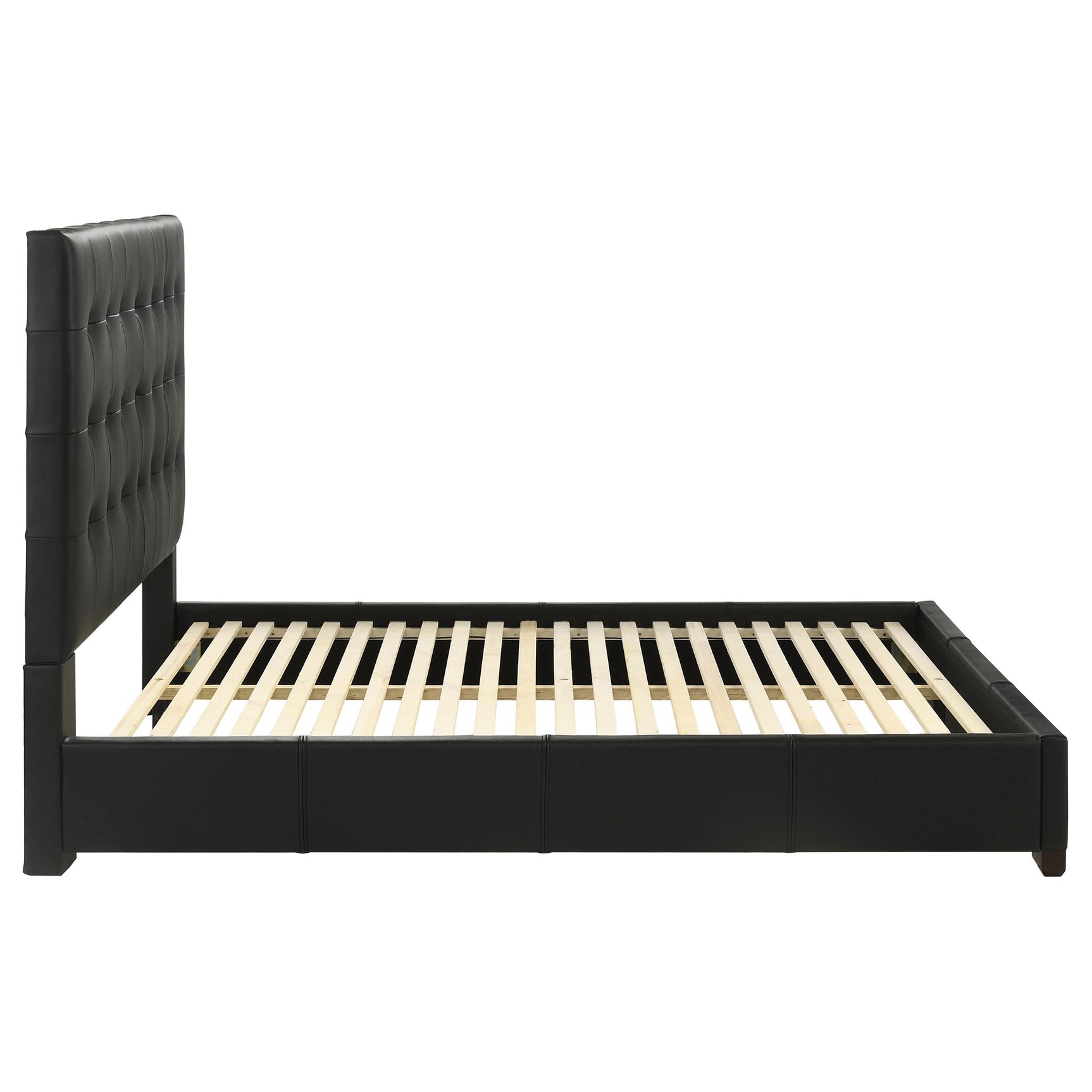 Wood legs of Medley black leather queen platform bed