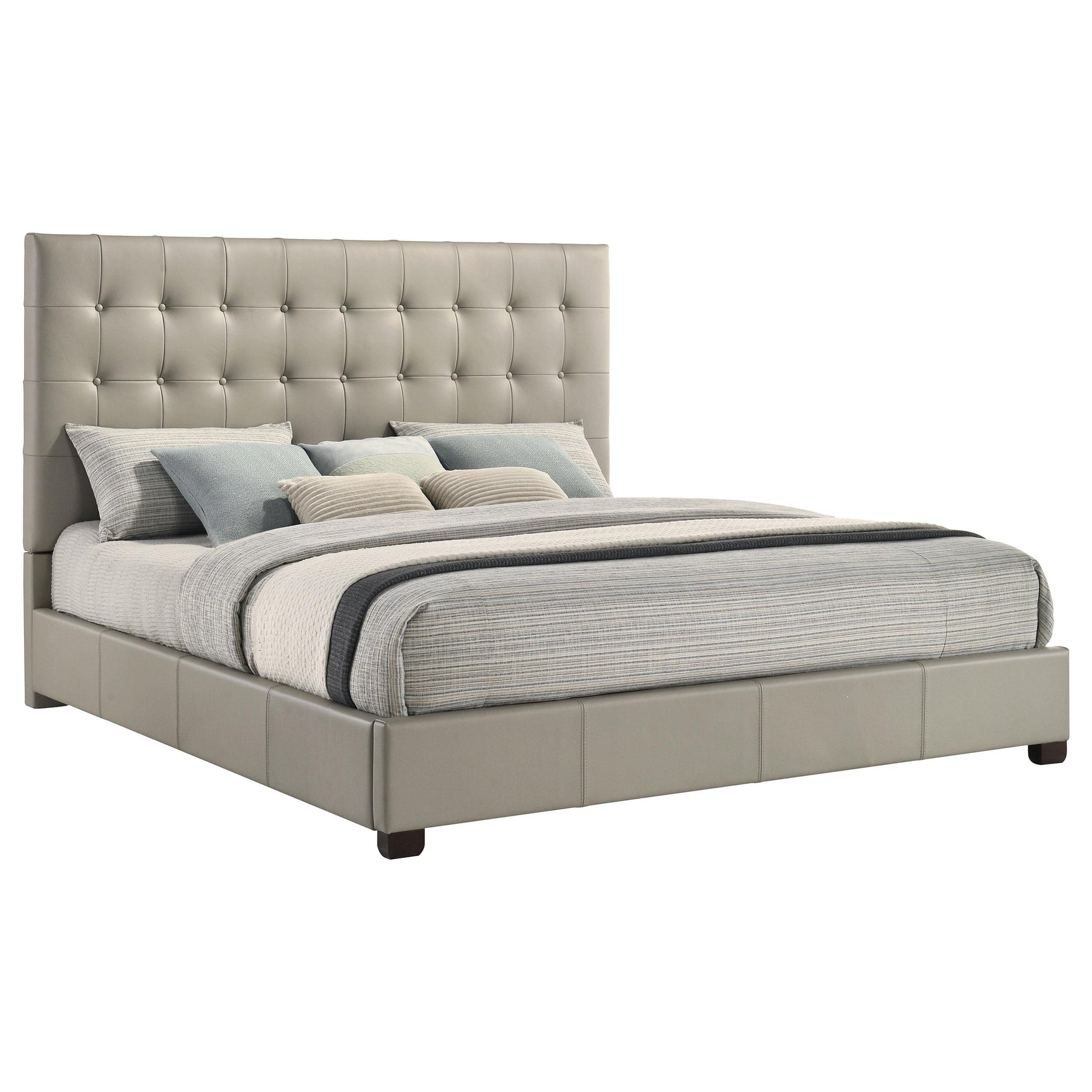 Medley bed frame close-up, tan leather upholstery