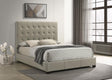 Headboard detail of Medley leather queen panel platform bed in tan