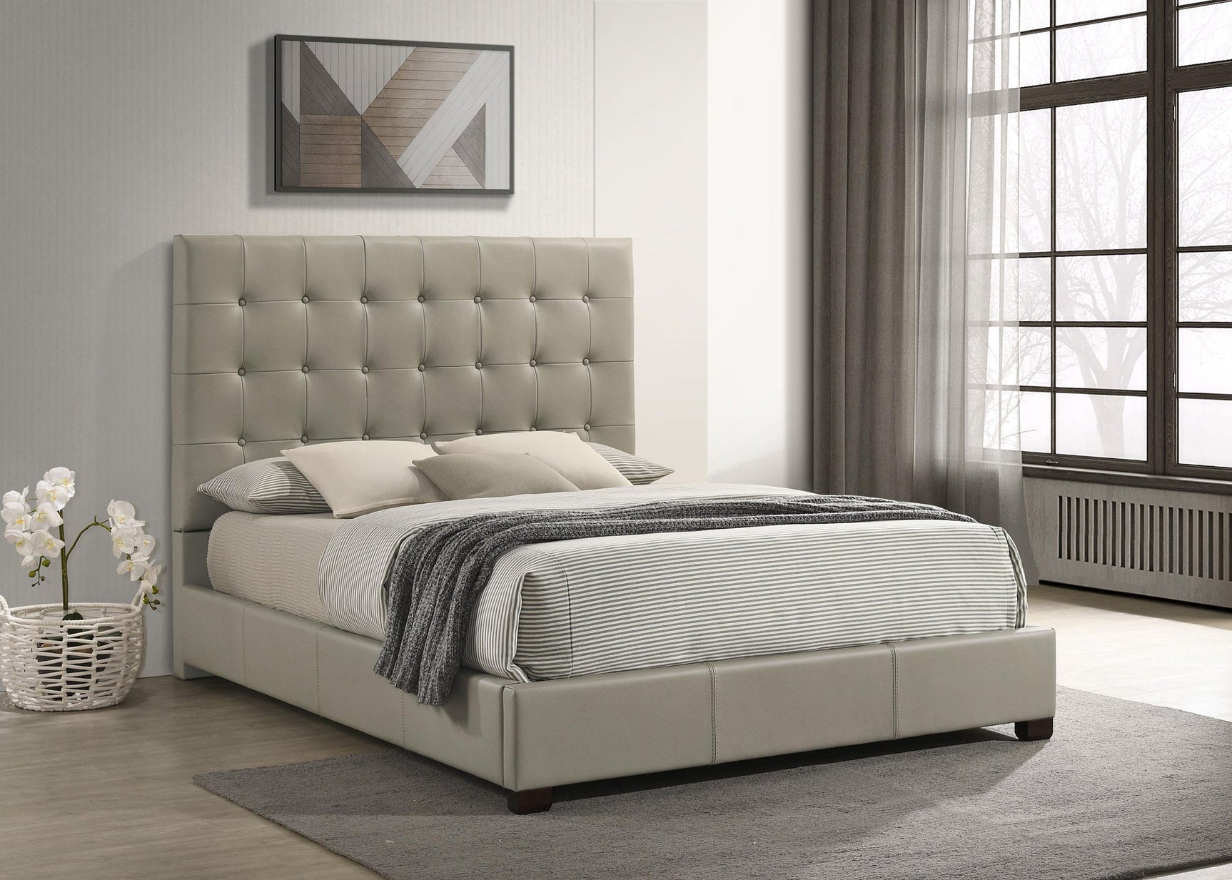Headboard detail of Medley leather queen panel platform bed in tan
