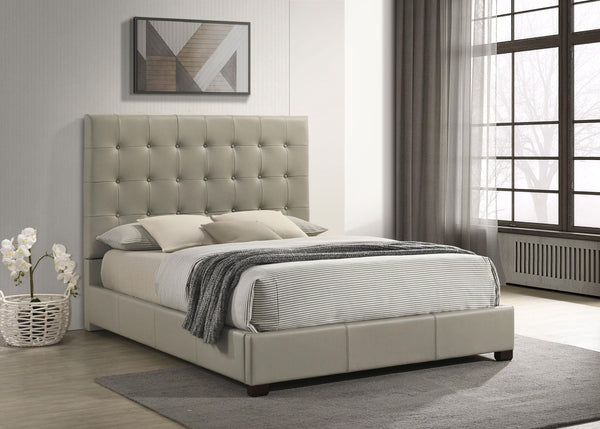 Headboard detail of Medley leather queen panel platform bed in tan