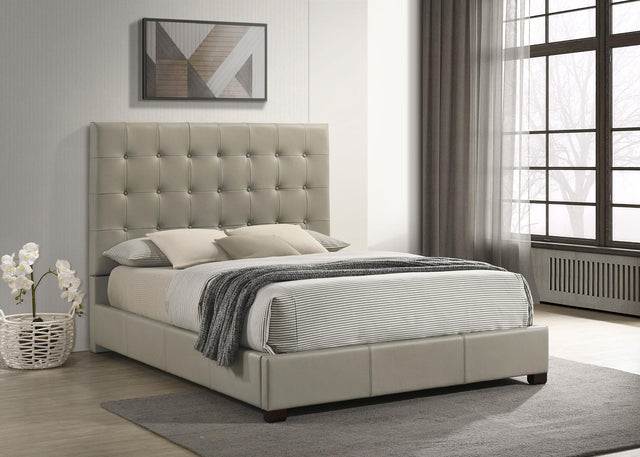 Headboard detail of Medley leather queen panel platform bed in tan