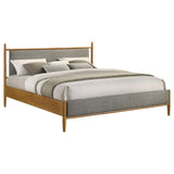 Close-up of padded fabric headboard on Mason bed
