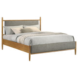 Close-up of grey fabric upholstery on Mason queen bed headboard