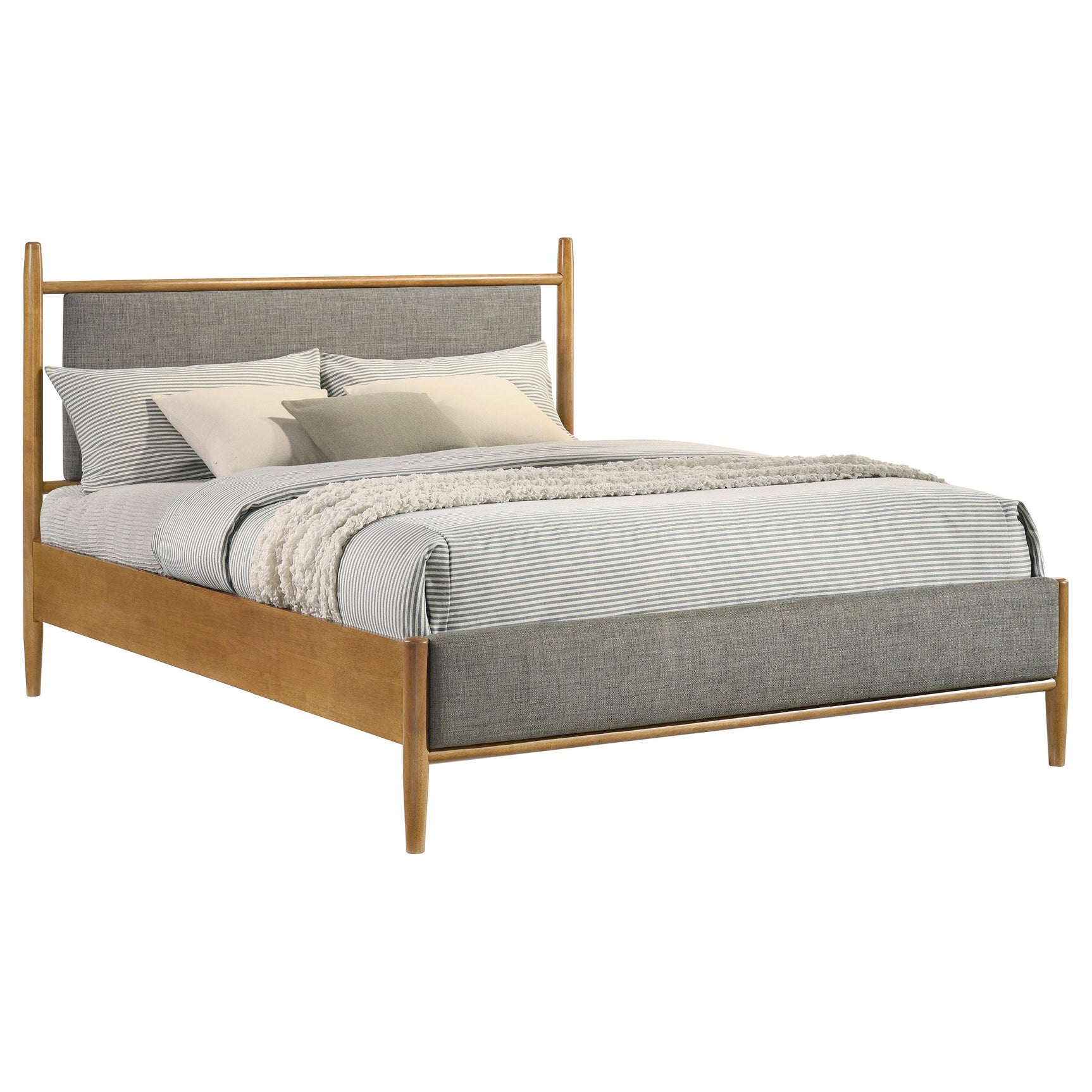 Close-up of grey fabric upholstery on Mason queen bed headboard