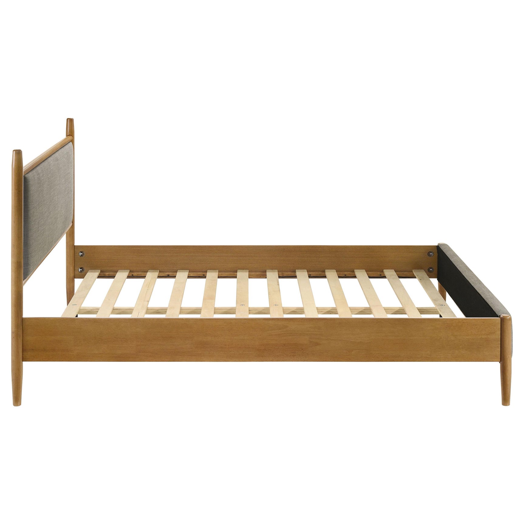 Mason queen bed corner showing fabric and wood frame junction