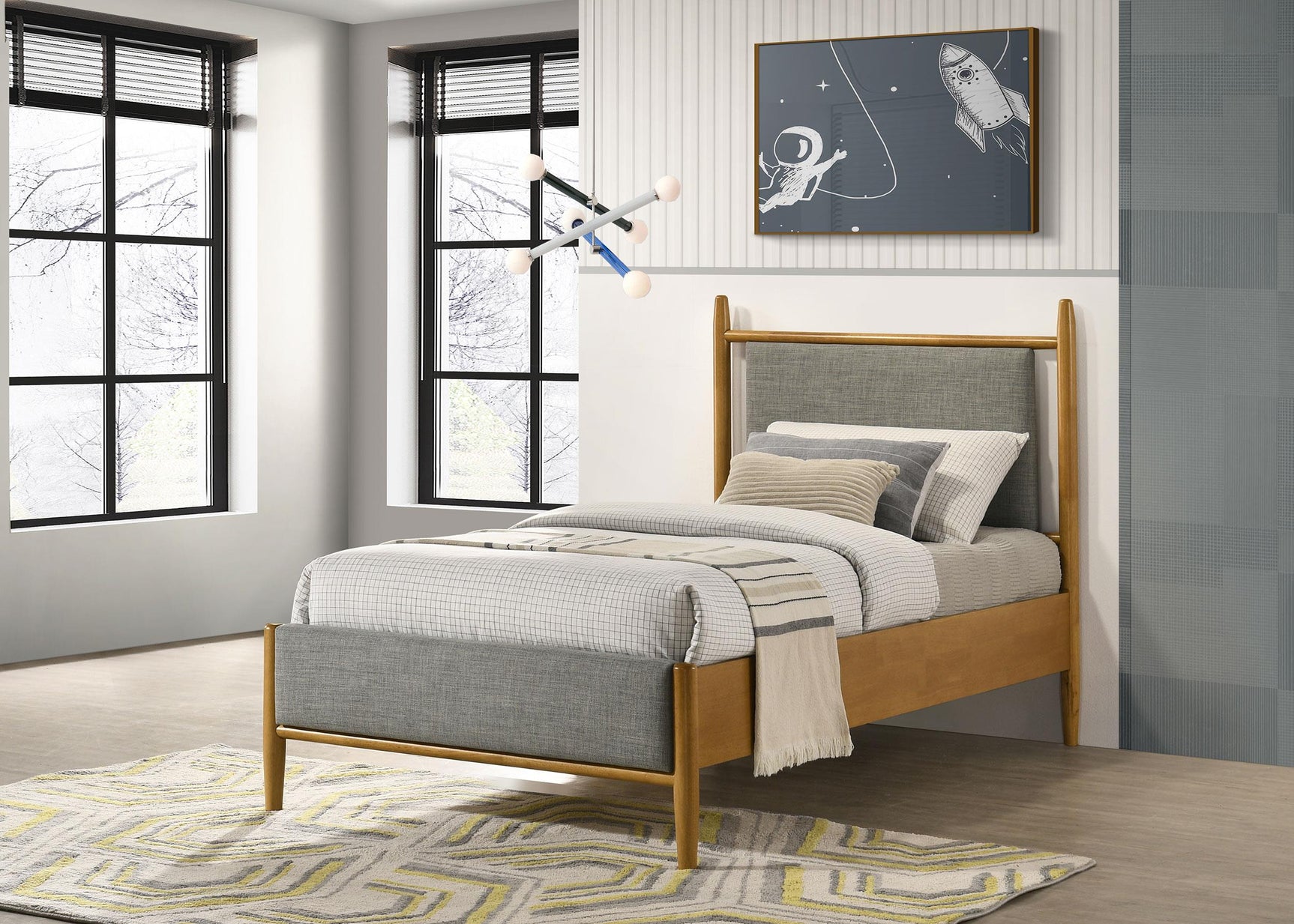 Mason platform bed headboard close-up with grey upholstery