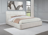 Close-up of vertical channel tufted headboard upholstery