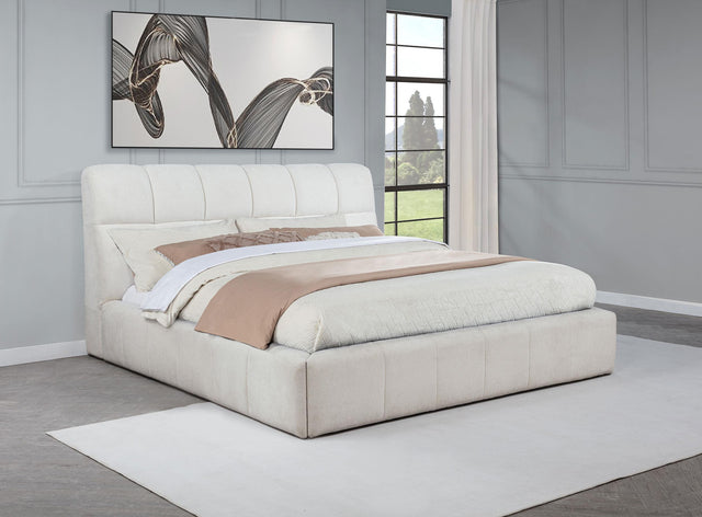 Close-up of vertical channel tufted headboard upholstery