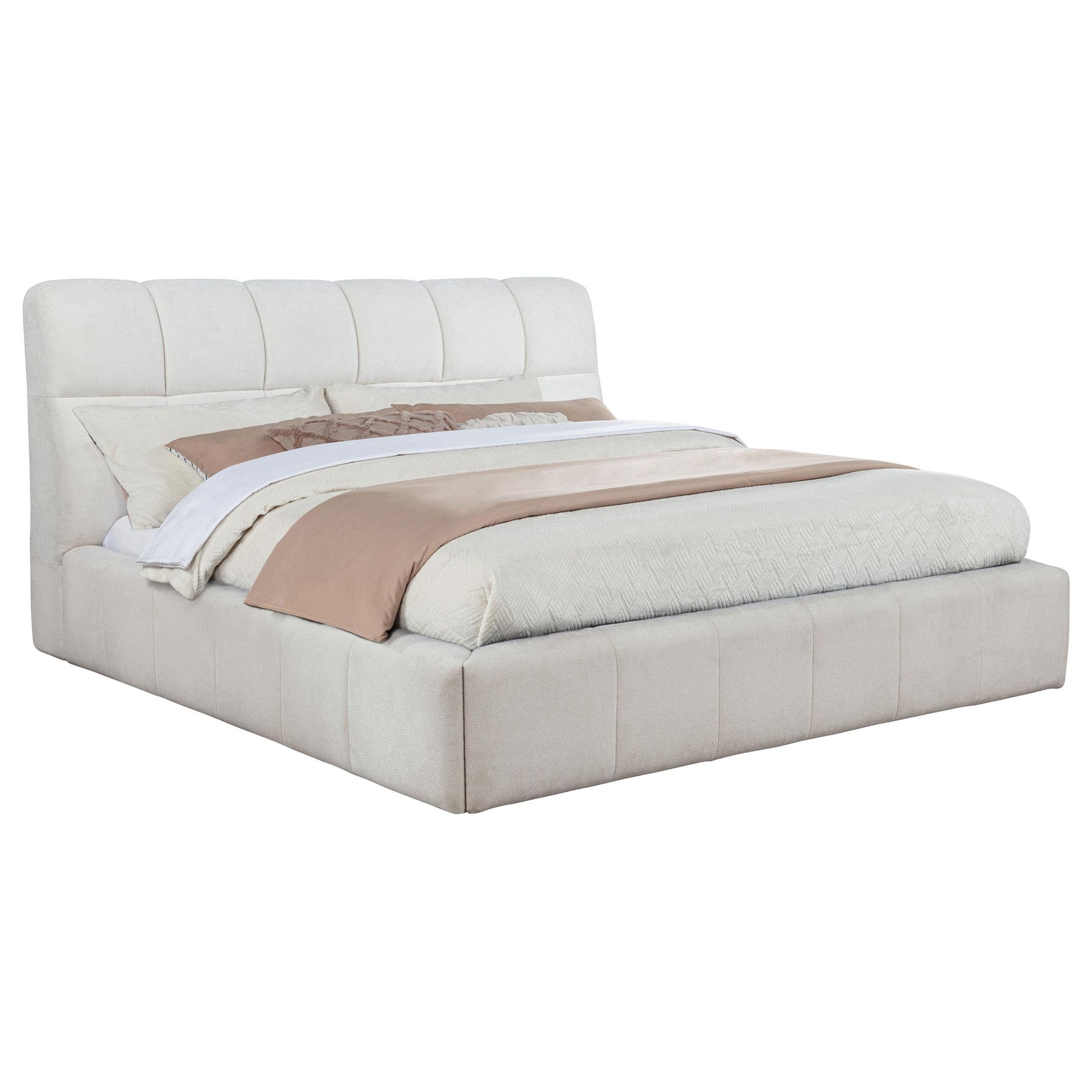 Close-up of Nollet bed's plush fabric and tufted headboard