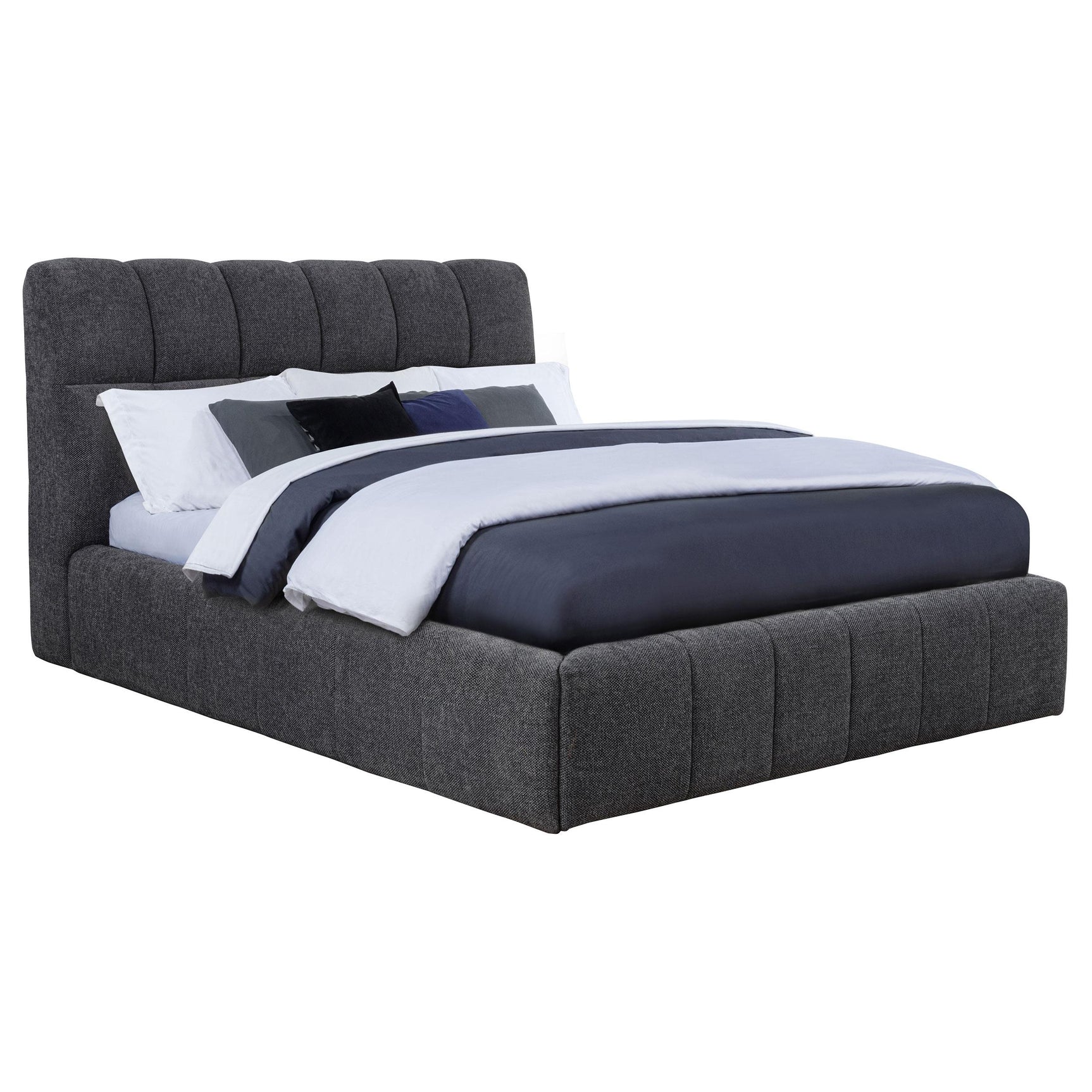 Grey upholstered bed corner detail