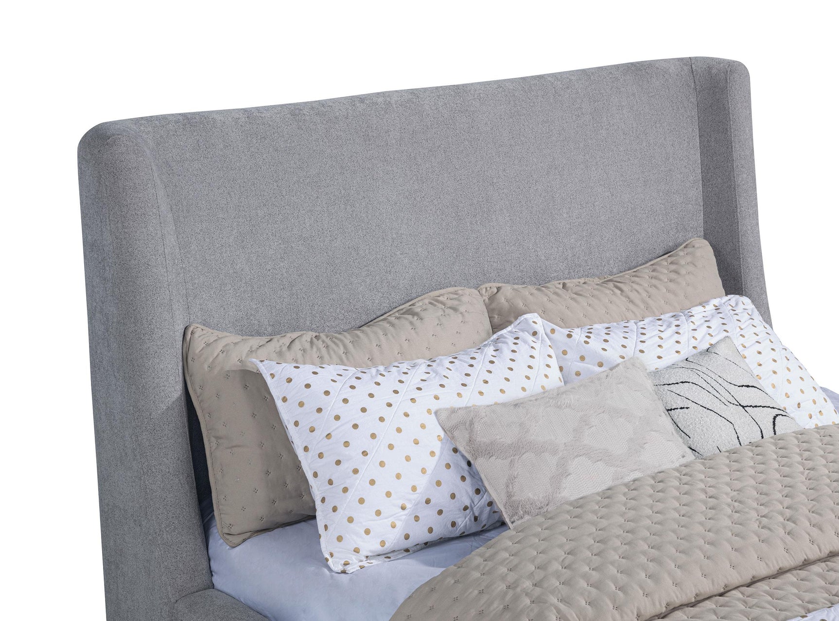 Wingback headboard with textured grey upholstery