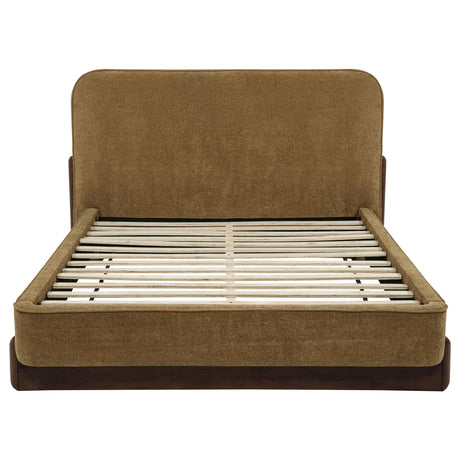 Side angle of Baldacci Upholstered Queen Platform Bed revealing wood legs and slat support