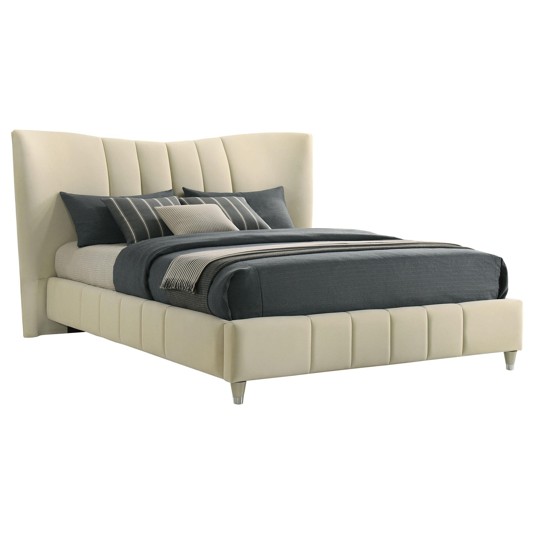 Side angle of Evelyn upholstered queen platform bed