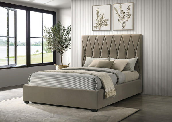 Close-up of light brown velvet diamond tufting on bed headboard