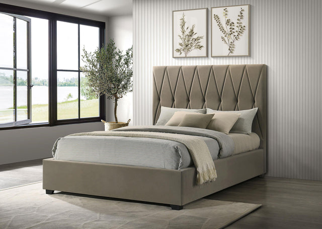 Close-up of light brown velvet diamond tufting on bed headboard