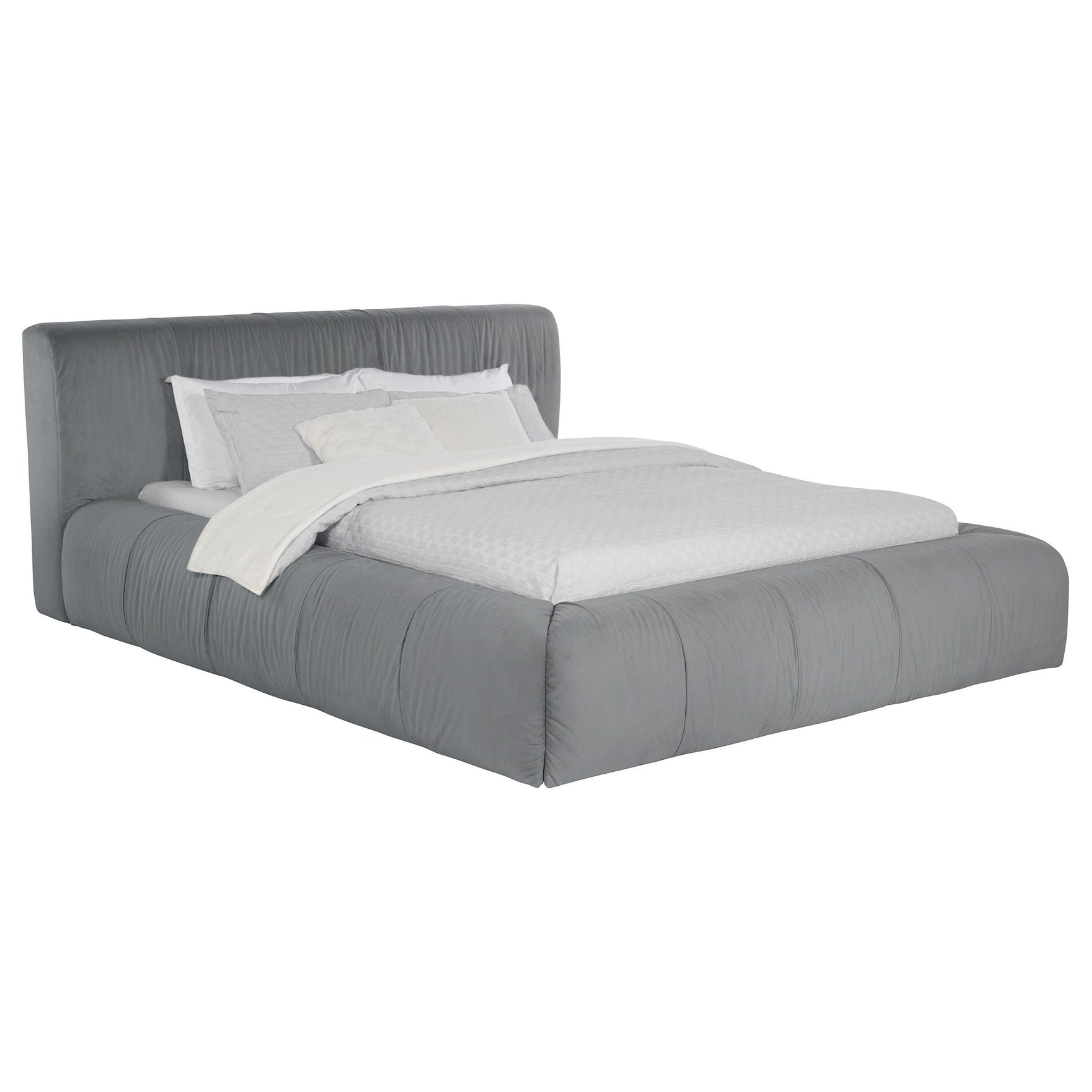 Wilshire King Platform Bed frame detail showing fabric upholstery