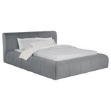 Side profile of Wilshire queen grey upholstered platform bed