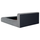 Wilshire queen platform bed in grey fabric showing support leg detail