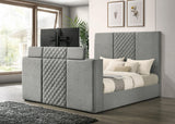 Close-up of grey quilted velvet headboard