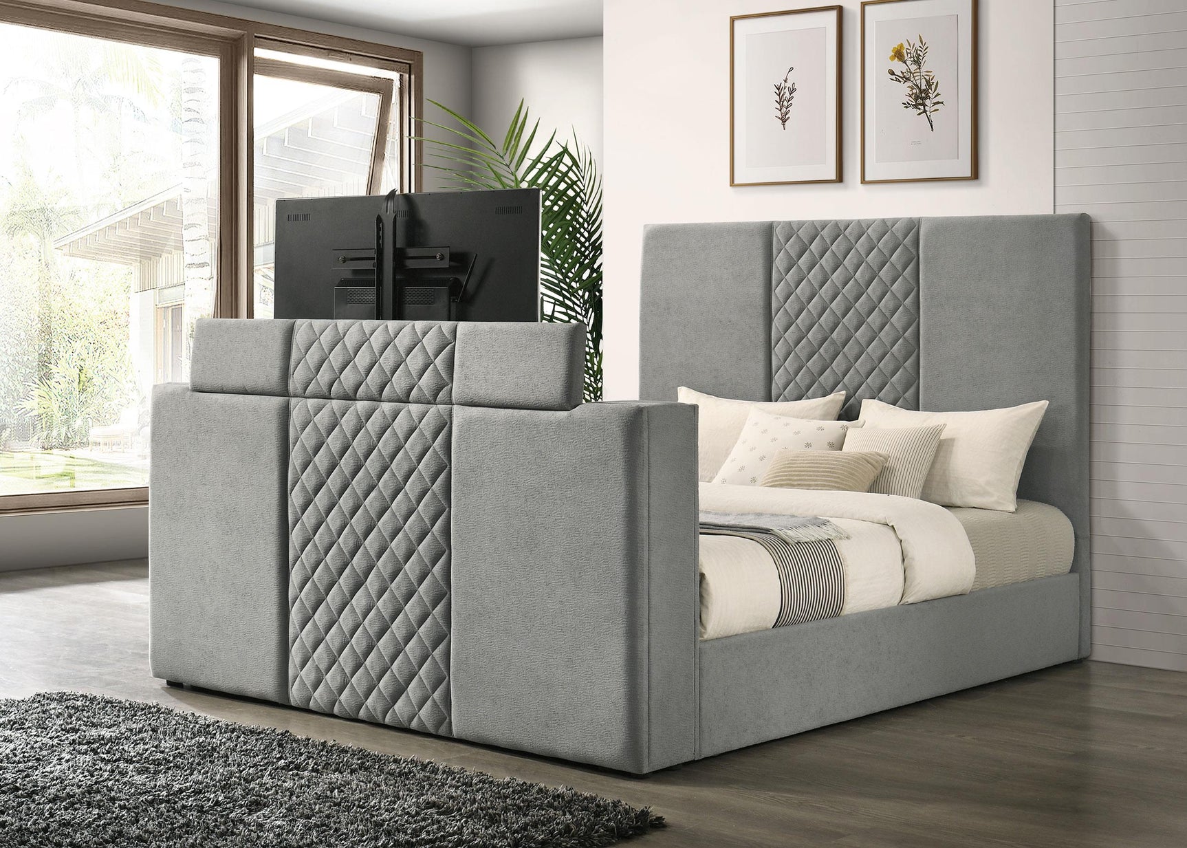 Close-up of grey quilted velvet headboard