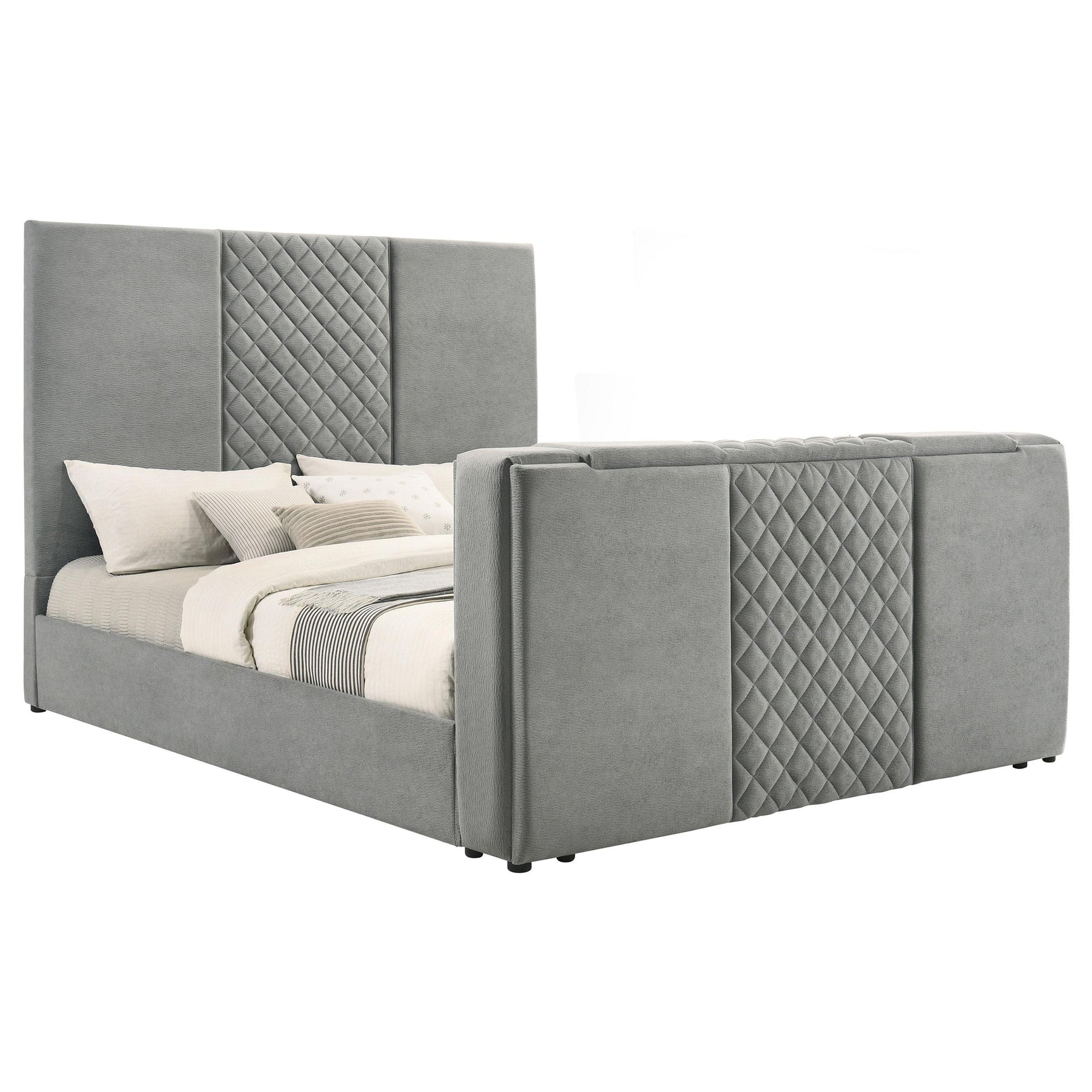 Side profile of Tara king panel bed in grey velvet
