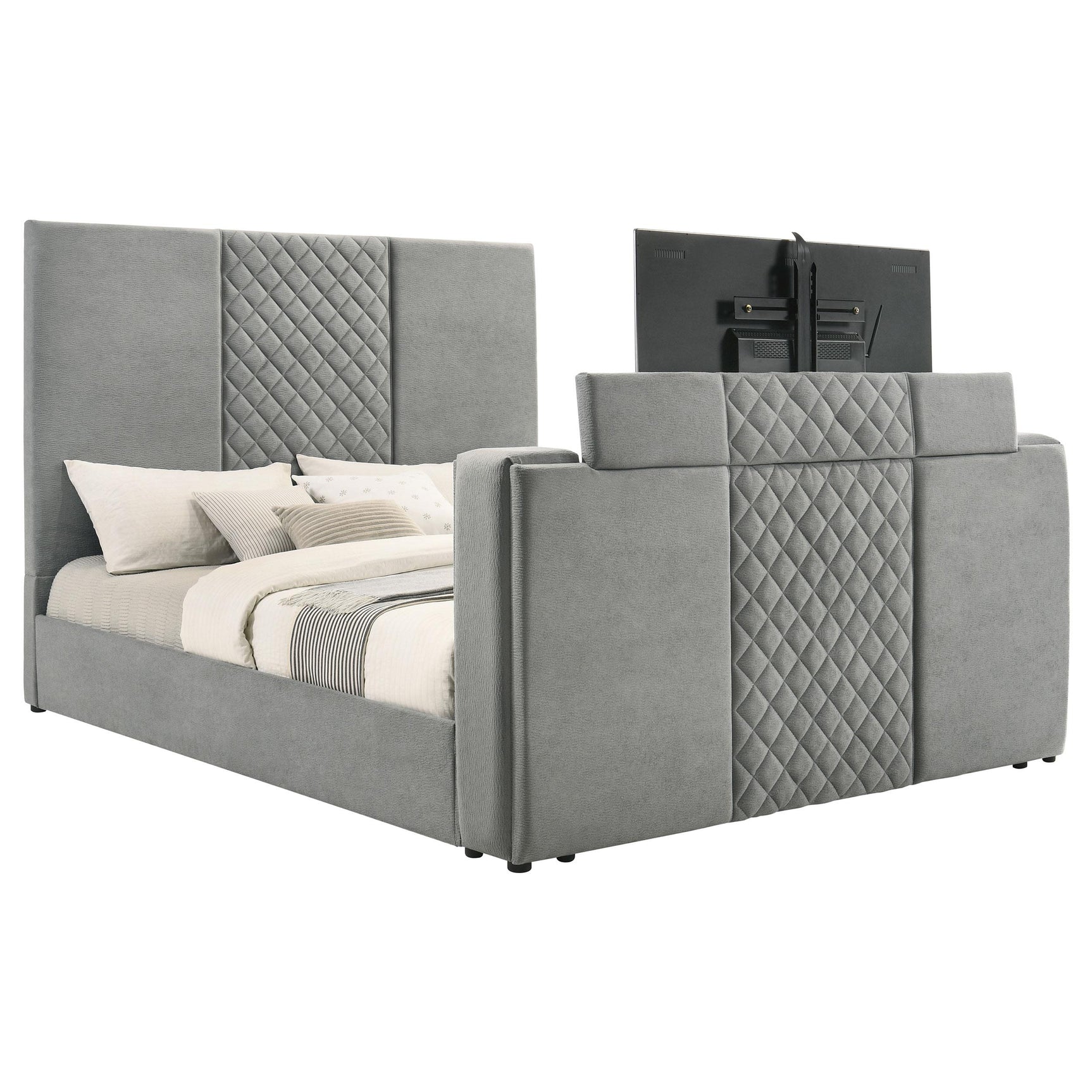 Footboard with TV lift closed in grey velvet