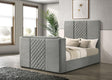 Close-up of quilted velvet headboard on Tara queen panel bed