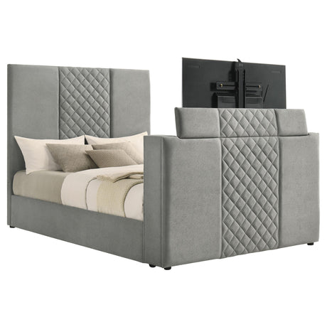Tara queen bed power outlet integrated in footboard for TV