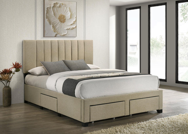 Side view of Wheatland Eastern King Upholstered Storage Bed showcasing built-in drawers