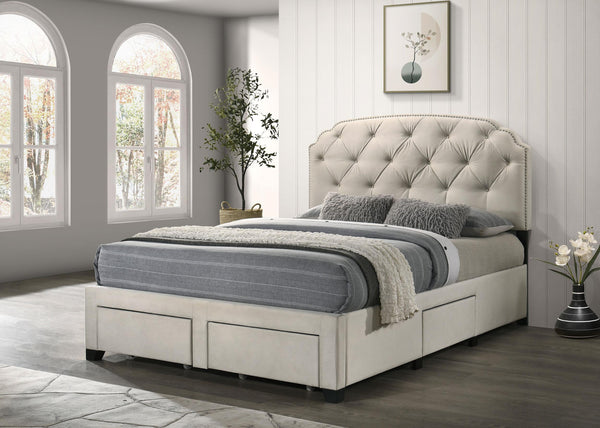 Marianna bed angled view showing tufted headboard and nailhead trim
