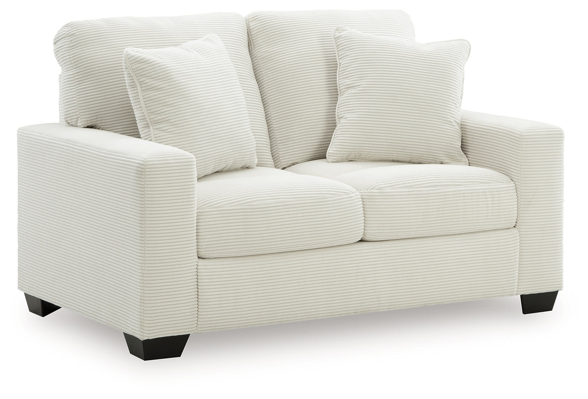 angled front view of Greenbriar Ivory Sofa and Loveseat