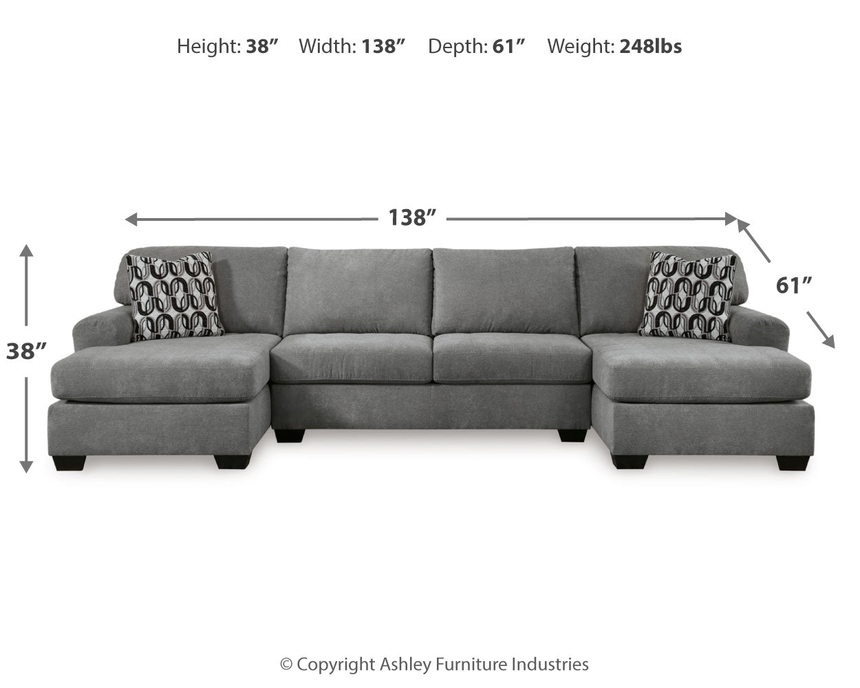 side profile view of Birkdale Court Gray 3-Piece Sectional sofa