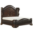Side view of Royal Highlands queen panel bed with faux leather upholstery