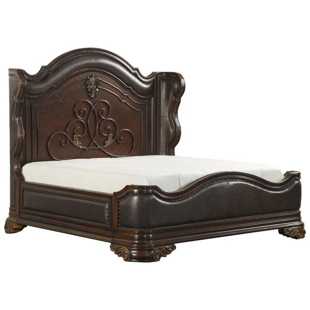 Side view of Royal Highlands queen panel bed with faux leather upholstery