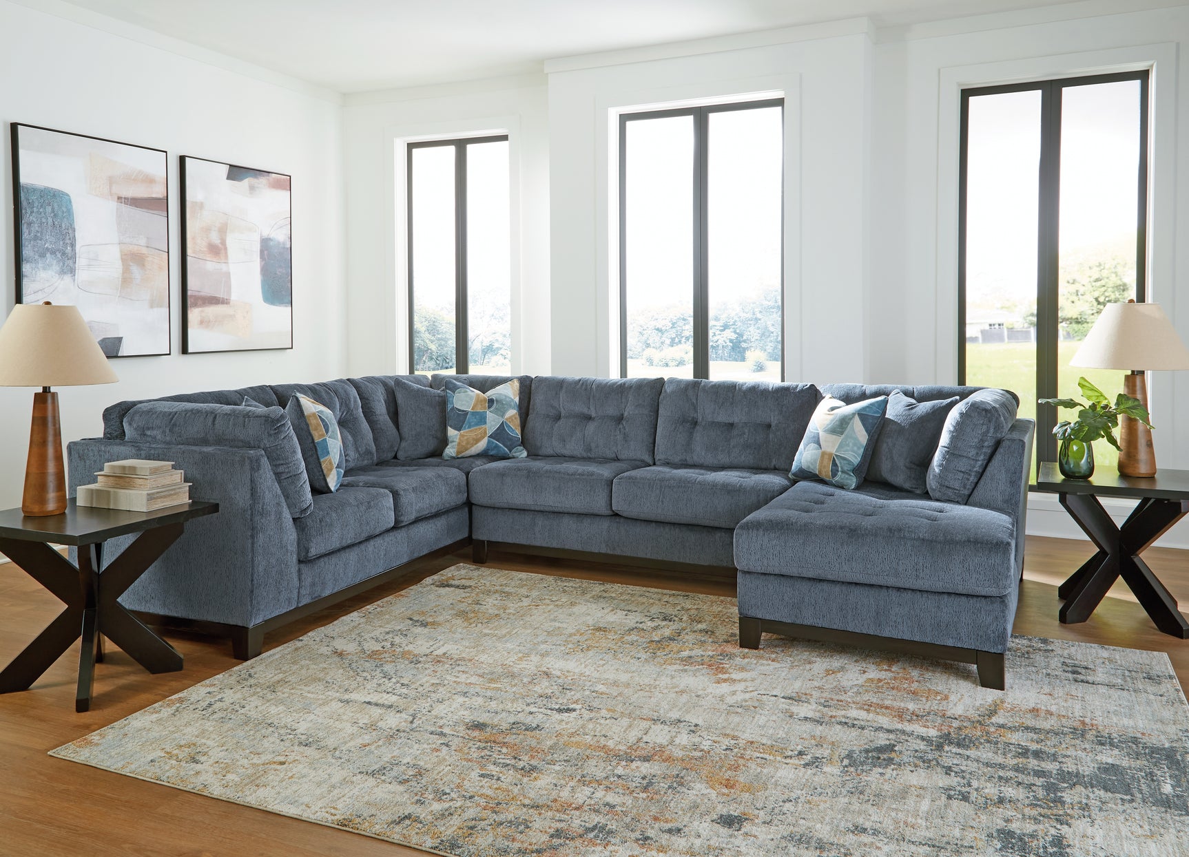 room view of Maxon Place Navy Chenille 3-Piece Sectional with Chaise sectional sofa
