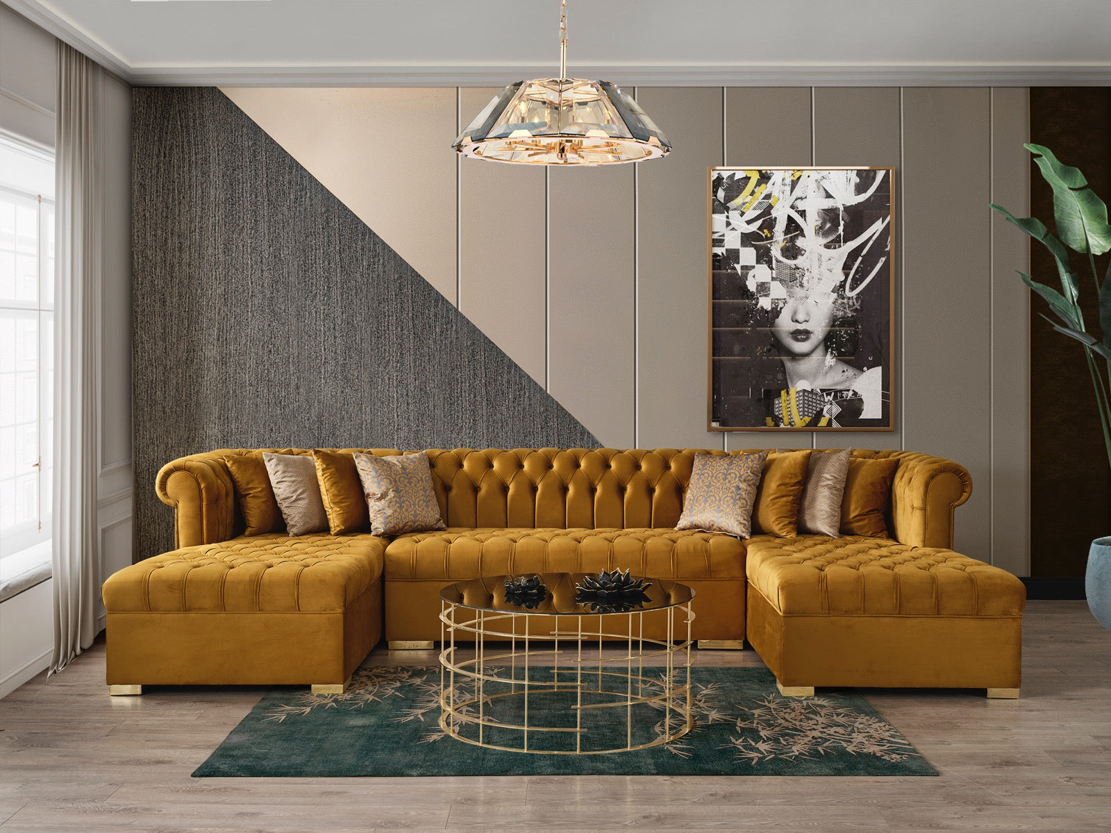 room view of Emma Mustard Velvet Double Chaise Sectional sectional sofa