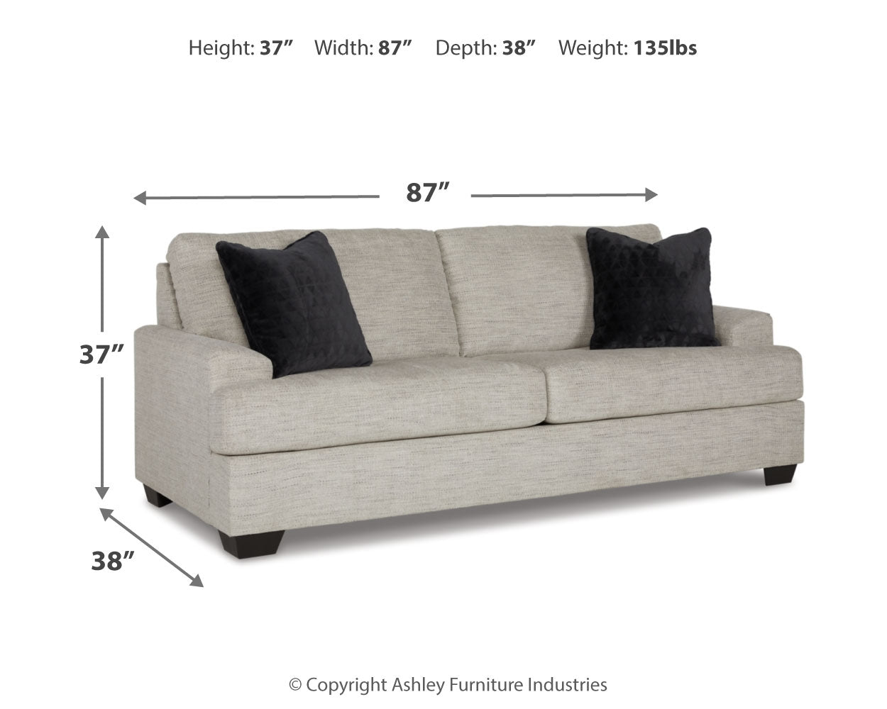 Vayda Pebble Sofa and Loveseat side dimensions view