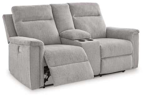 Front view of Barnsana power reclining loveseat in ash chenille