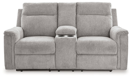 Side profile of Barnsana power reclining loveseat showing reclined position