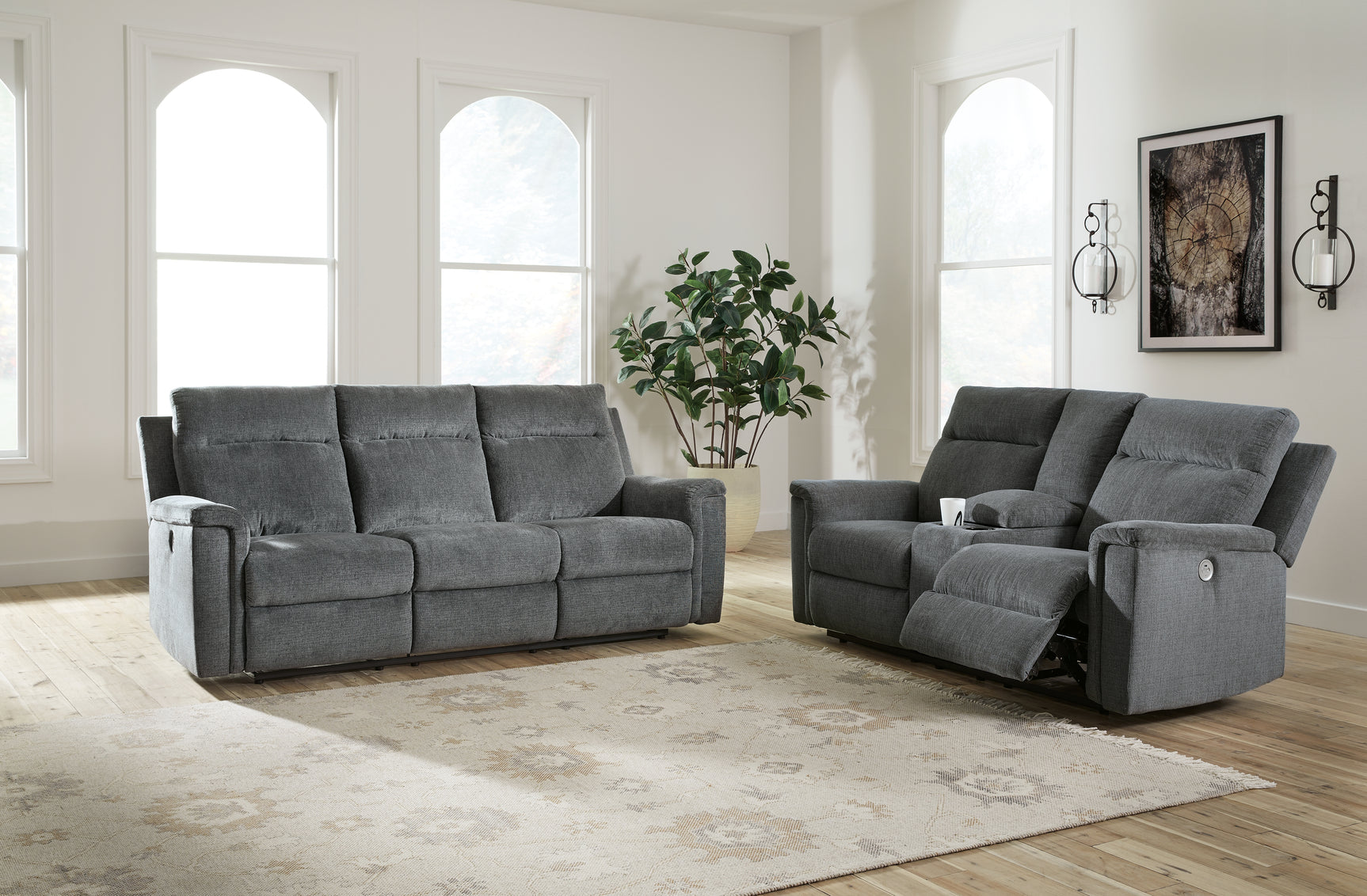 Barnsana Gravel power reclining sofa, loveseat, and recliner set